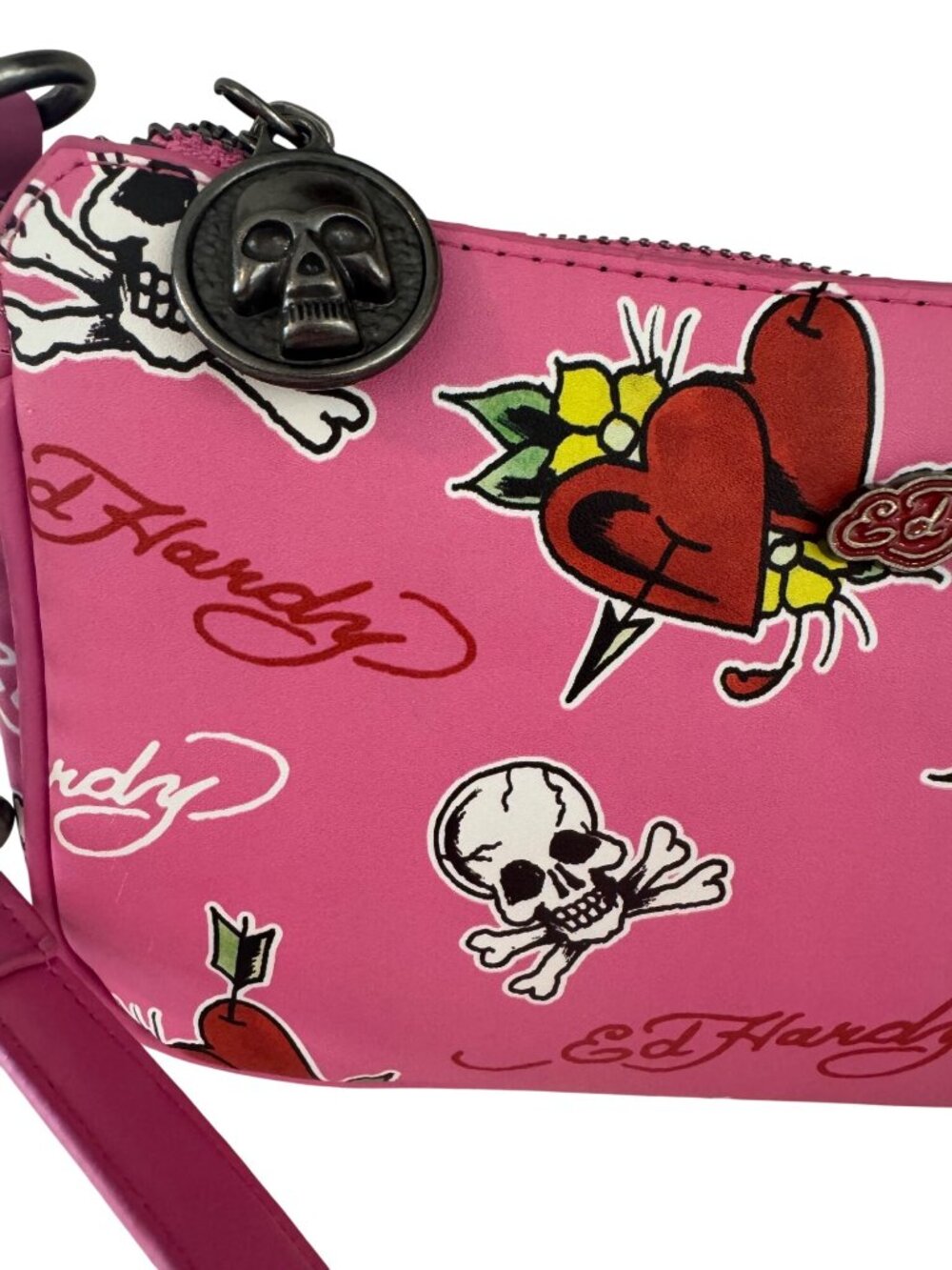 Ed Hardy Pink Tattoo Print Shoulder Bag With Skull Charm & Chain Accents - Picture 4 of 7